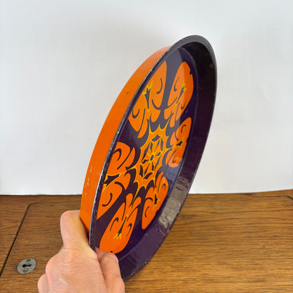 Vintage rond metalen dienblad paars oranje  motief