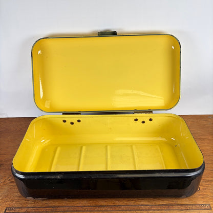Vintage emaille broodtrommel geel zwart