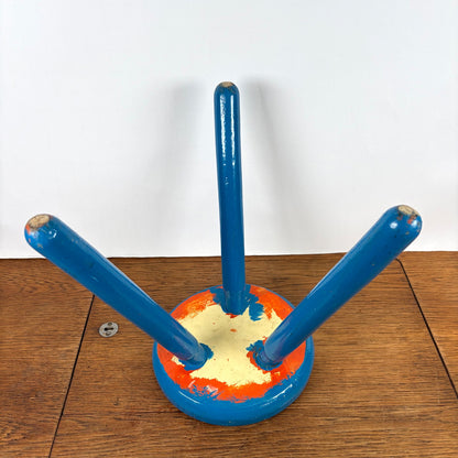 Vintage houten krukje blauw drie poot