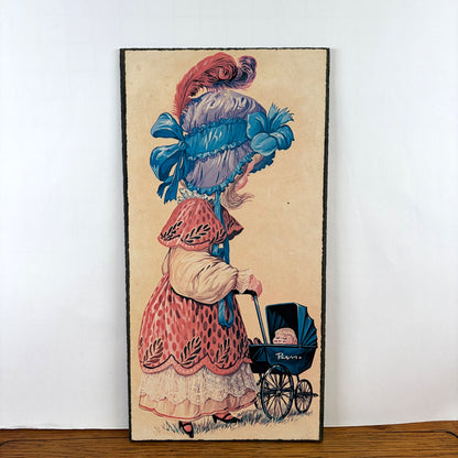 Vintage prent dame met kinderwagen