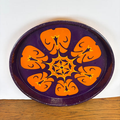 Vintage rond metalen dienblad paars oranje  motief