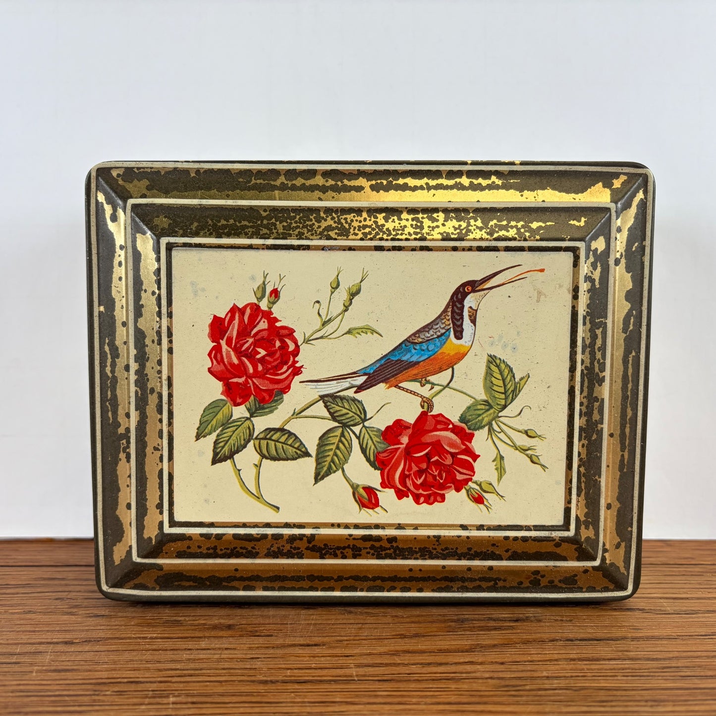 Vintage Niemeijer thee blik vogel en roosjes