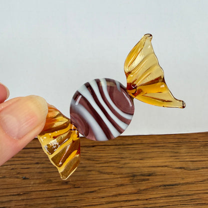 Vintage glazen snoepje Murano stijl bruin paars gestreept