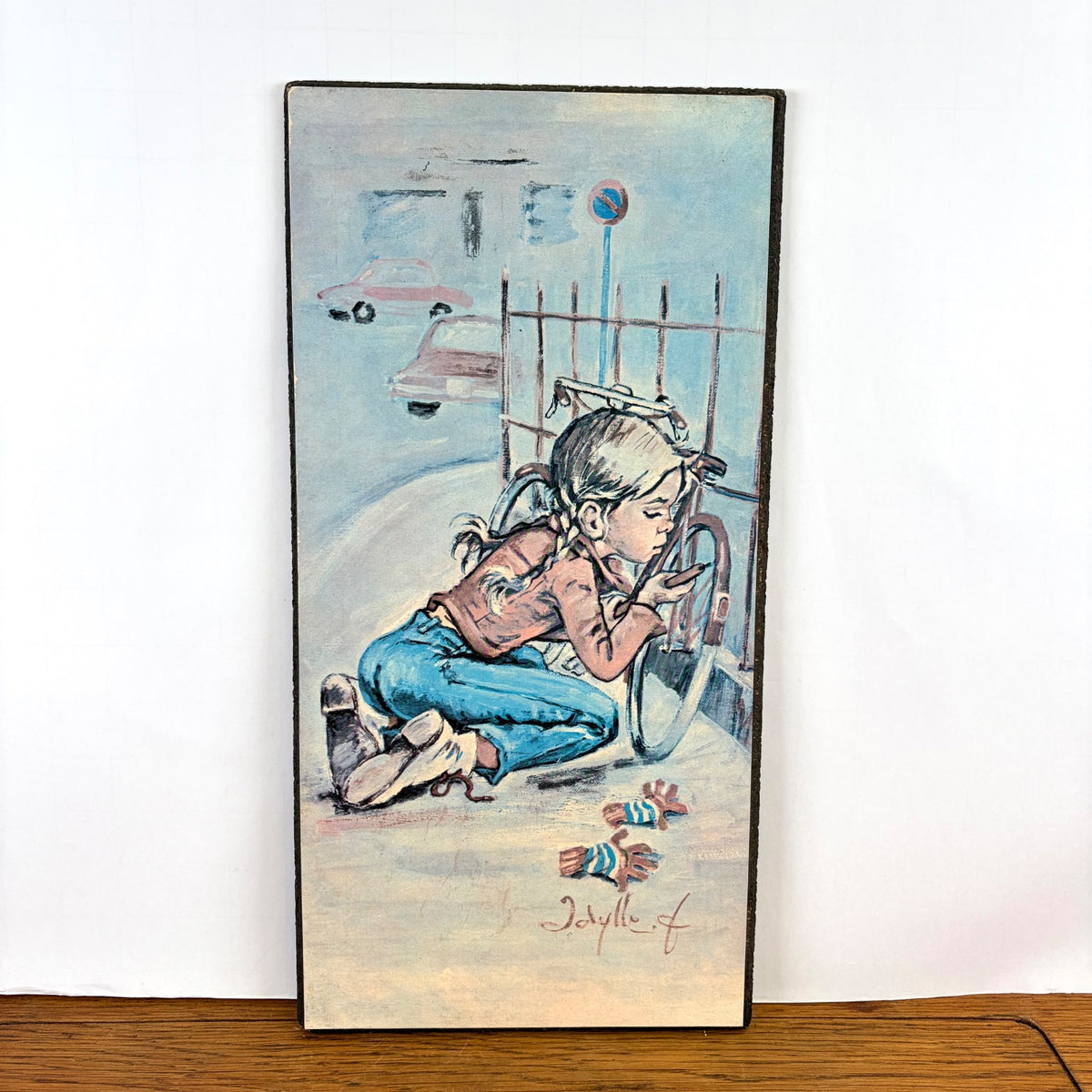 Vintage wandplaat meisje met fiets Idylle