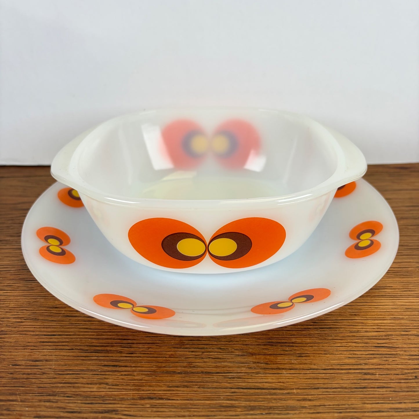 Vintage Jena glas schaal en bord Pauwenoog