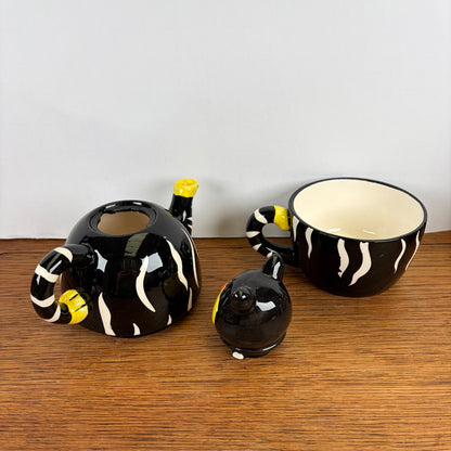 Vintage geel zwarte theepot kat