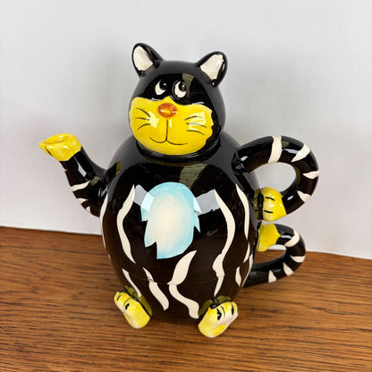 Vintage geel zwarte theepot kat