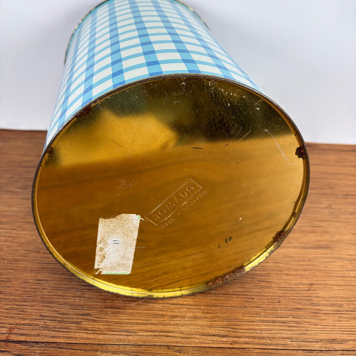 Vintage Tomado bewaarblik blauw-wit ruit