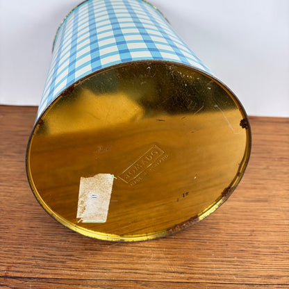 Vintage Tomado bewaarblik blauw-wit ruit