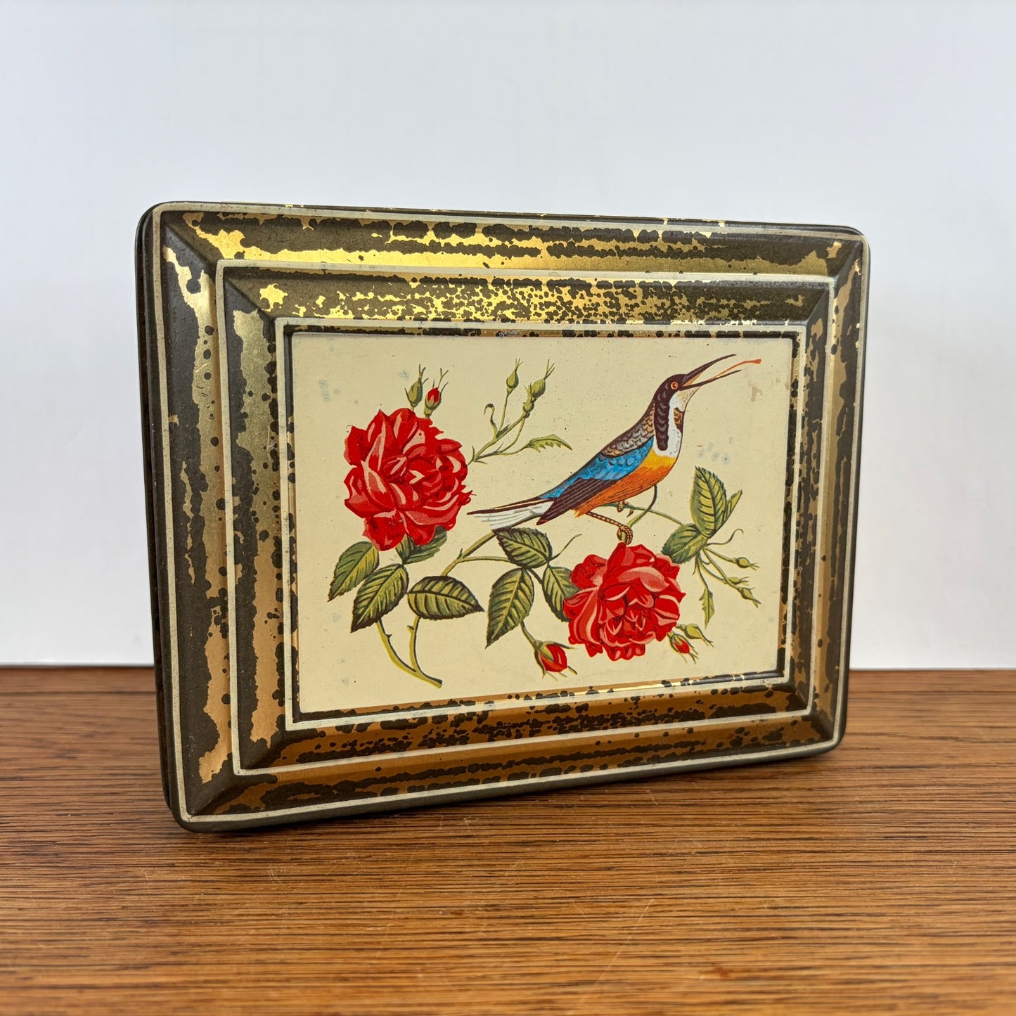 Vintage Niemeijer thee blik vogel en roosjes