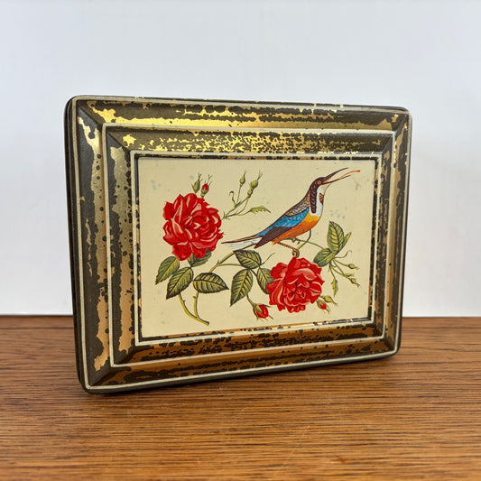 Vintage Niemeijer thee blik vogel en roosjes