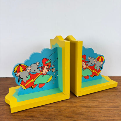 Vintage houten boekensteunen muisjes in vliegtuig