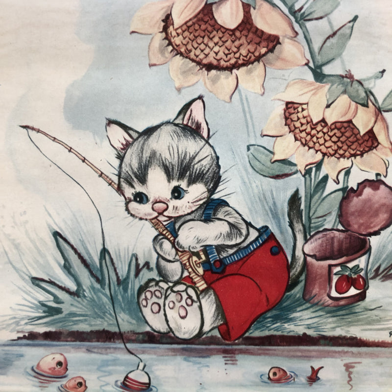Vintage schilderijtje vissende kat